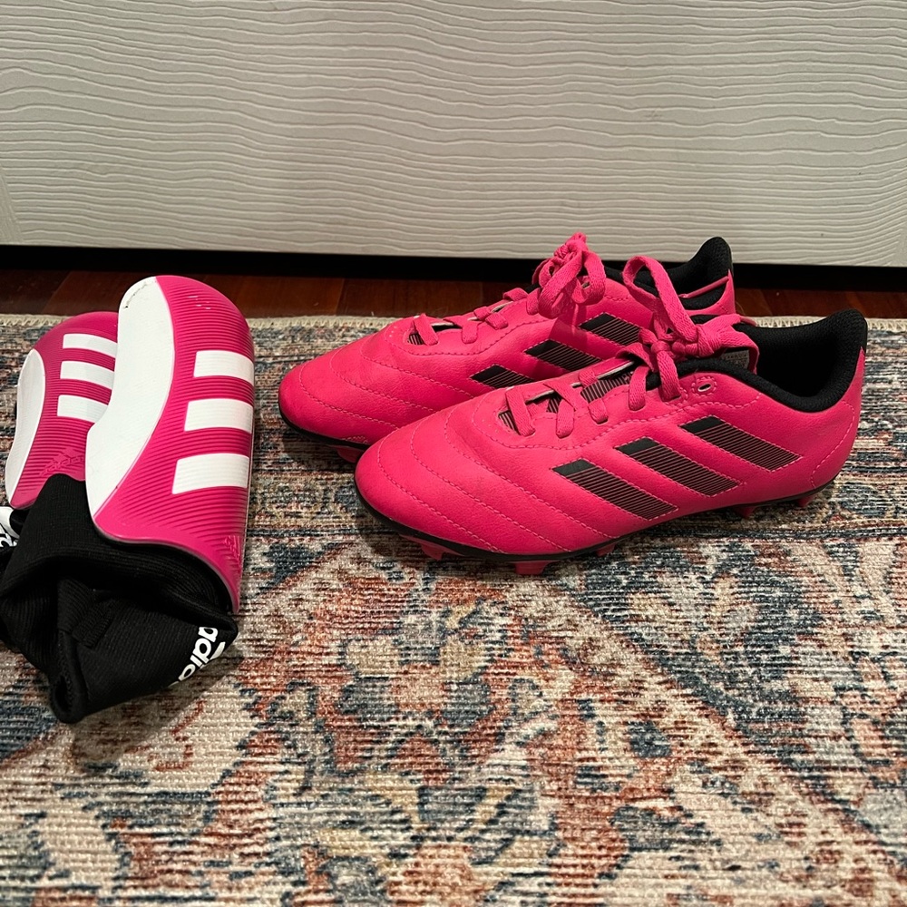 Adidas Bright Pink Soccer Cleats and Shin guards
